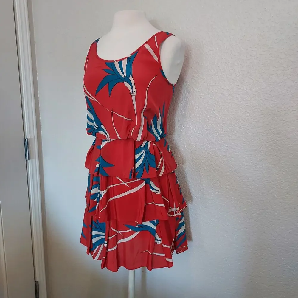 Sariah 100% Silk Red Palm Print Sleeveless Layered Dress Size 4